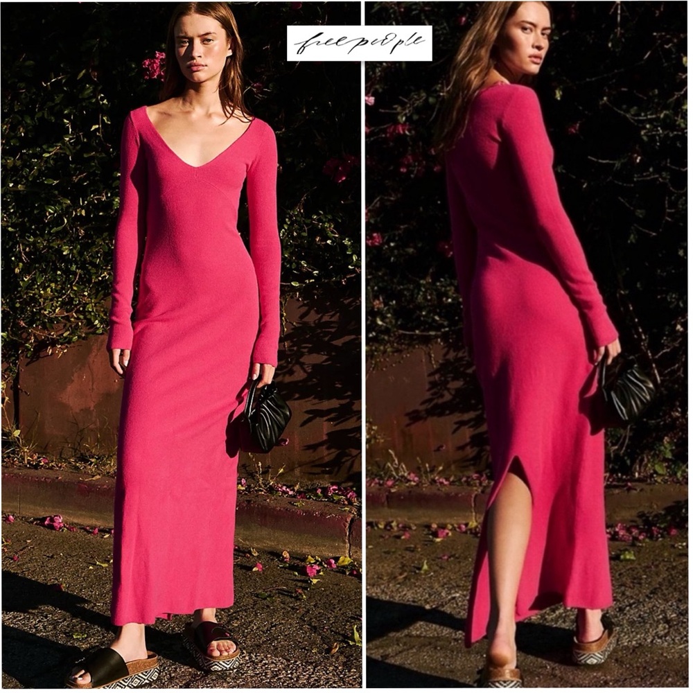 Free People FP Beach Trixie Sweater Dress M Hot Pink Ribbed Long Fitted Maxi